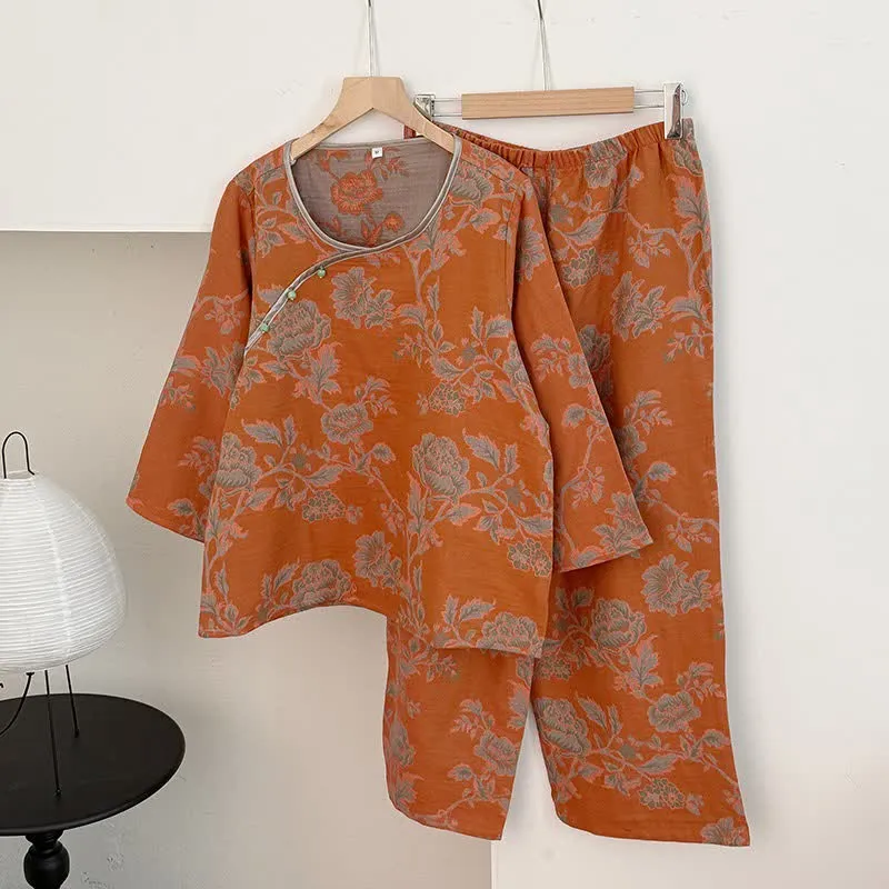 Pyjama aus Baumwollgaze im orientalischen Pfingstrosen-Stil