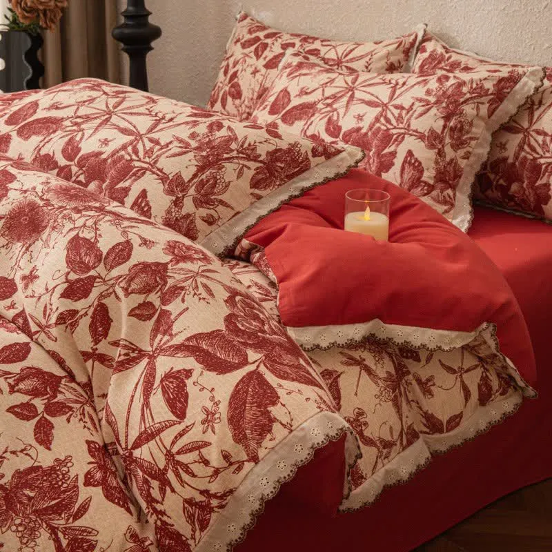 Bettwäsche-Set aus roter botanischer Spitze und gebürsteter Baumwolle