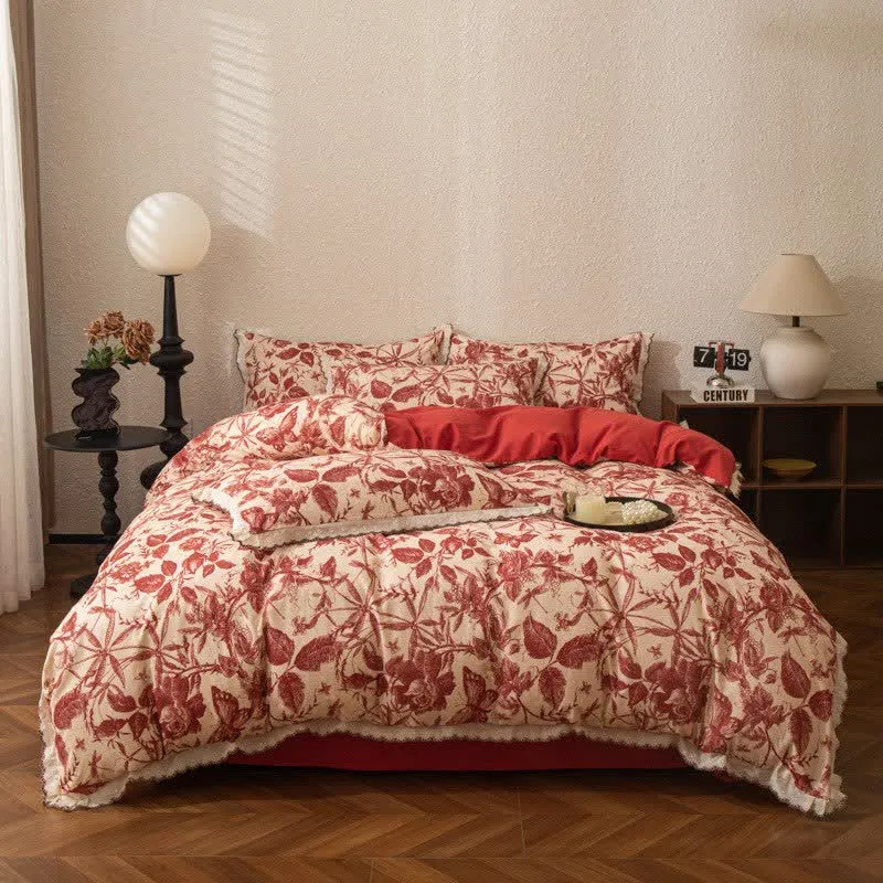 Bettwäsche-Set aus roter botanischer Spitze und gebürsteter Baumwolle