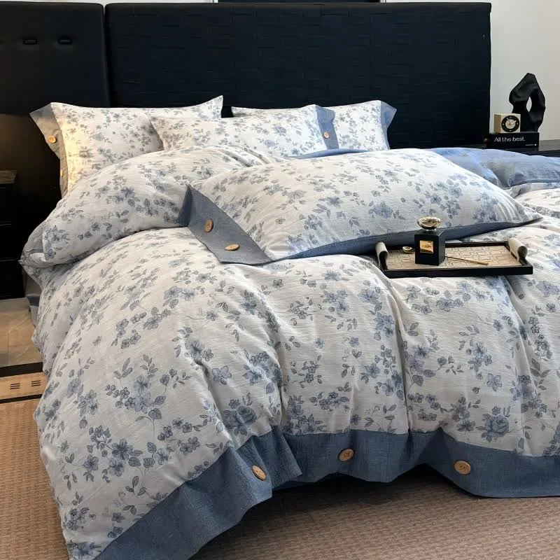 Bettwäsche-Set mit blauem Blumenmuster, Leinen und Knöpfen (4-teilig)