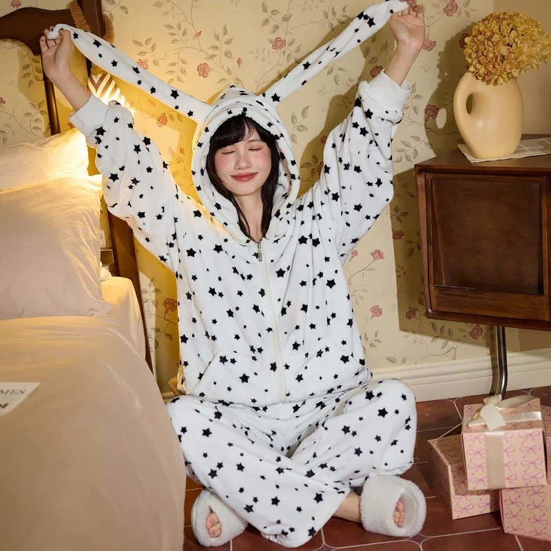 Hasenohren-Kapuzen-Plüsch-Loungewear-Set mit Reißverschluss