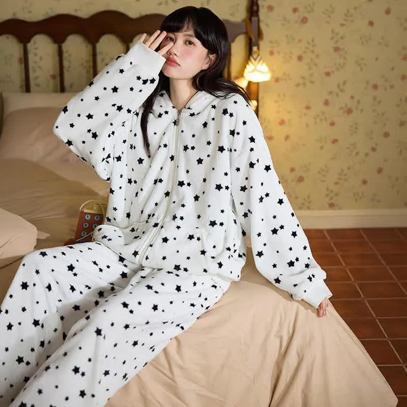 Hasenohren-Kapuzen-Plüsch-Loungewear-Set mit Reißverschluss