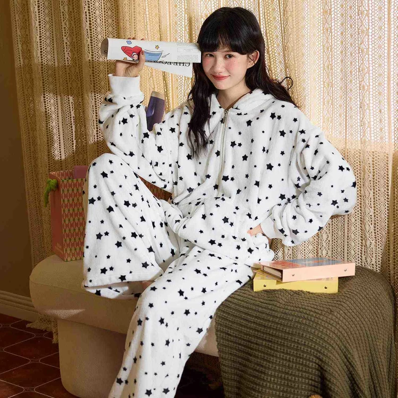 Hasenohren-Kapuzen-Plüsch-Loungewear-Set mit Reißverschluss