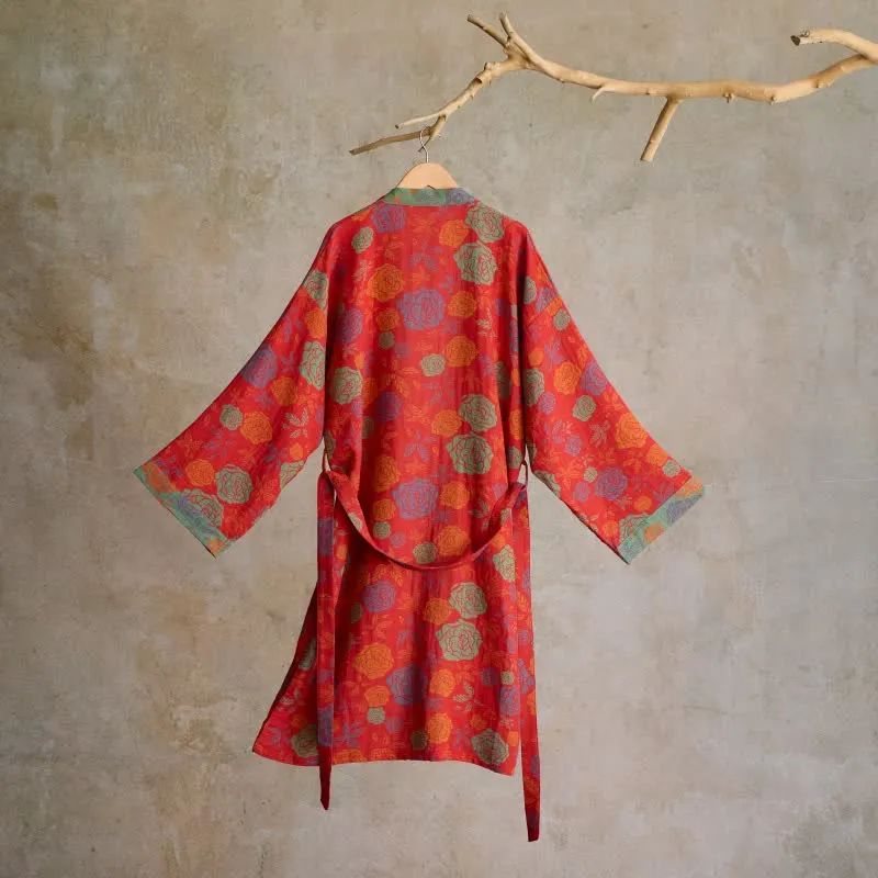 Romantischer Kimono-Bademantel aus Baumwollgaze mit Rosenmuster