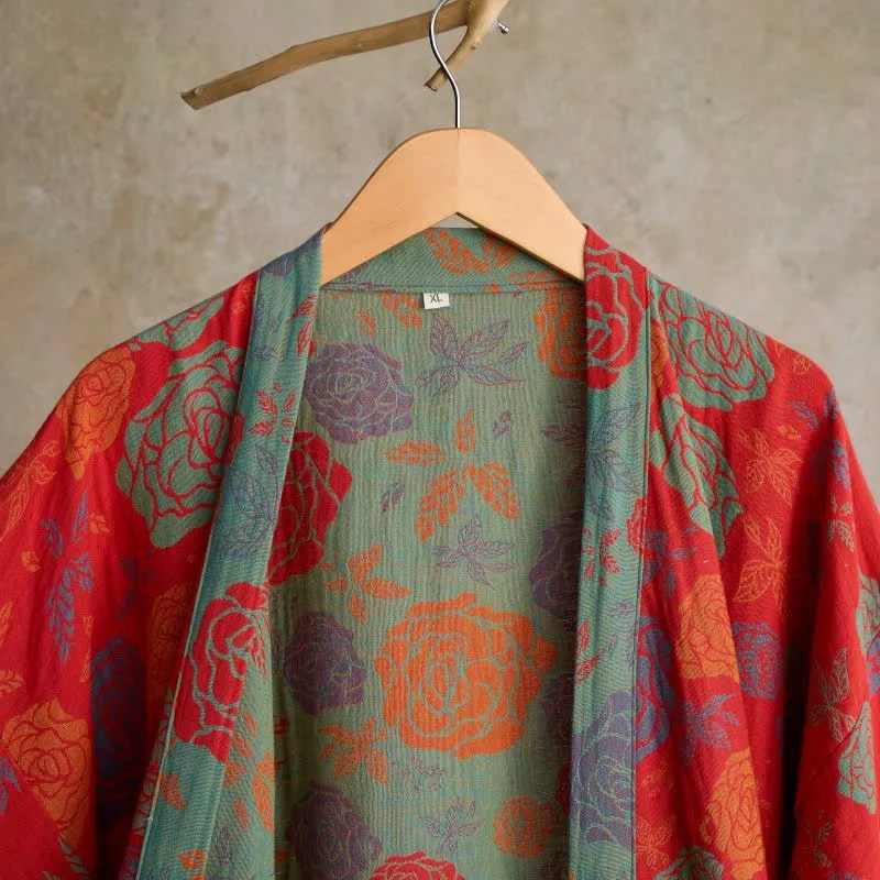 Romantischer Kimono-Bademantel aus Baumwollgaze mit Rosenmuster