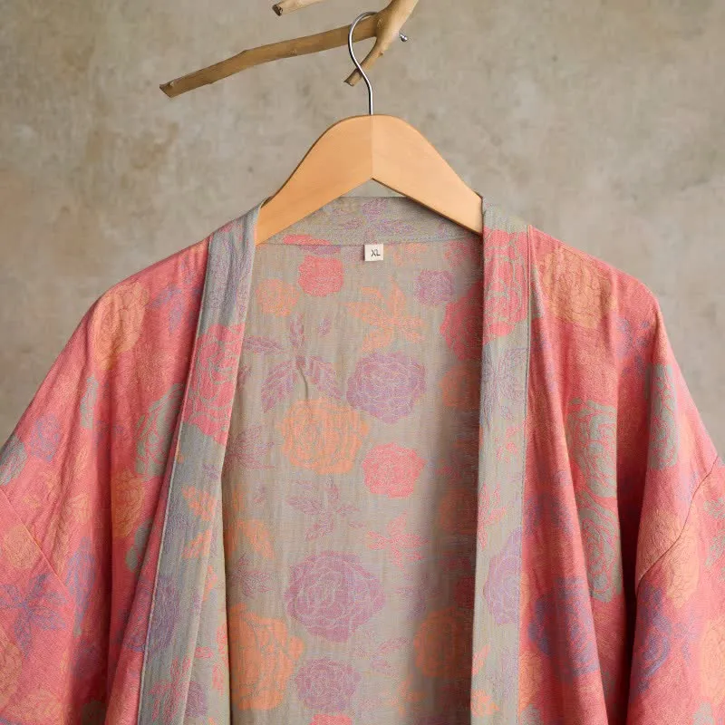 Romantischer Kimono-Bademantel aus Baumwollgaze mit Rosenmuster