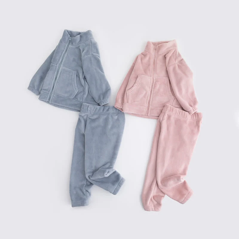 Einfarbiges Plüsch-Loungewear-Set für Kinder mit Reißverschluss