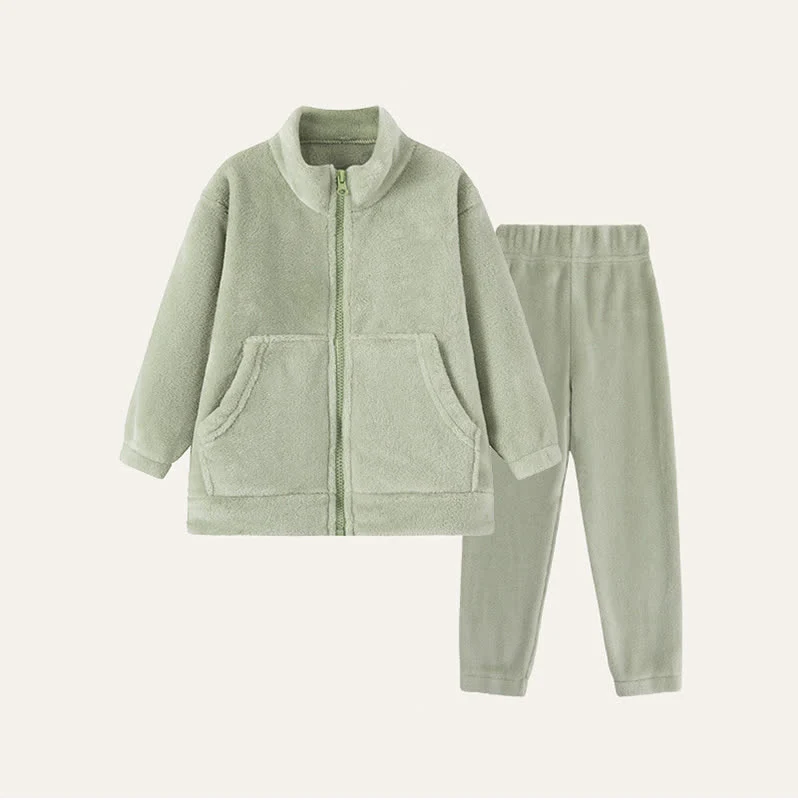 Einfarbiges Plüsch-Loungewear-Set für Kinder mit Reißverschluss