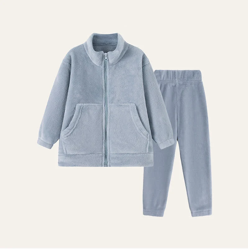 Einfarbiges Plüsch-Loungewear-Set für Kinder mit Reißverschluss