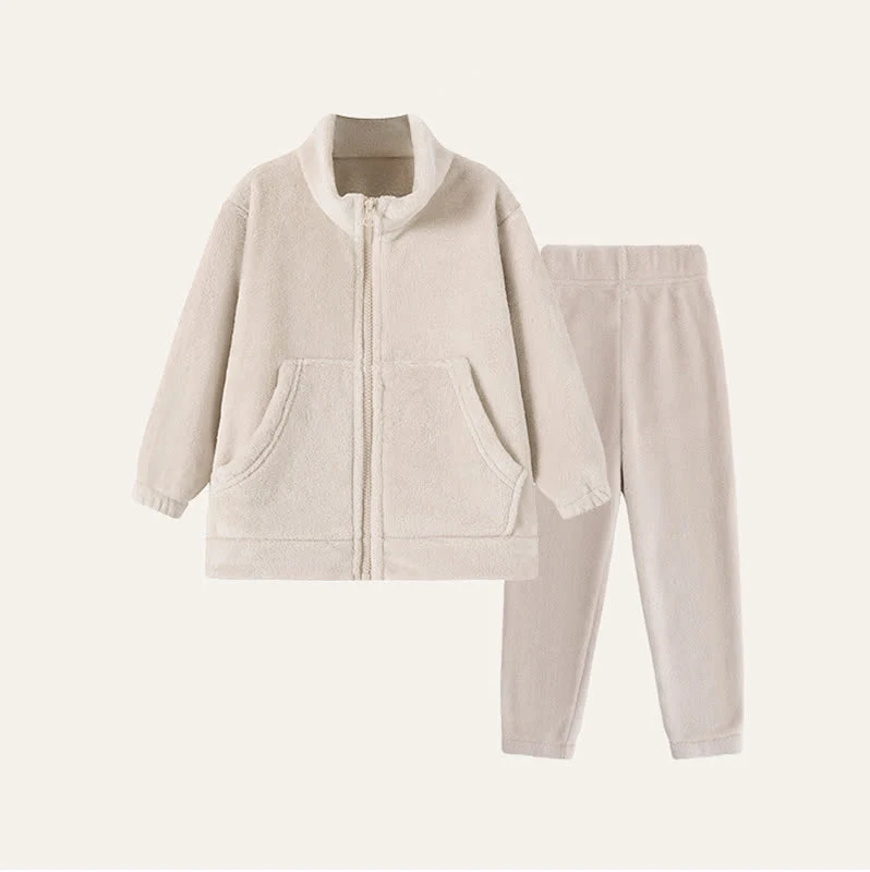Einfarbiges Plüsch-Loungewear-Set für Kinder mit Reißverschluss