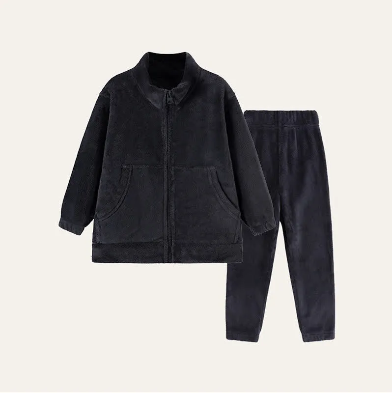 Einfarbiges Plüsch-Loungewear-Set für Kinder mit Reißverschluss