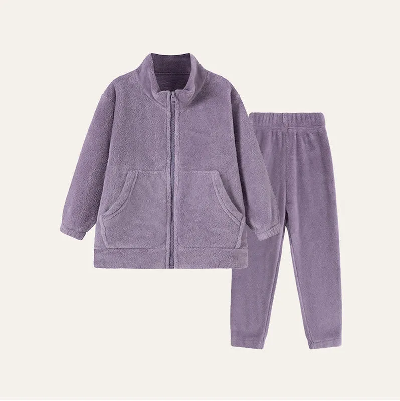 Einfarbiges Plüsch-Loungewear-Set für Kinder mit Reißverschluss