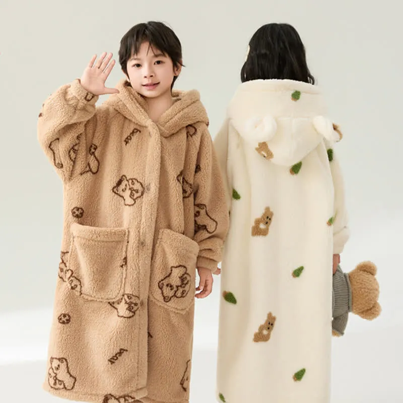Bärenohren Kapuzen-Plüsch-Kinderbademantel mit Knöpfen