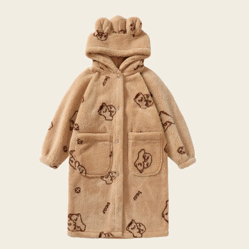 Bärenohren Kapuzen-Plüsch-Kinderbademantel mit Knöpfen