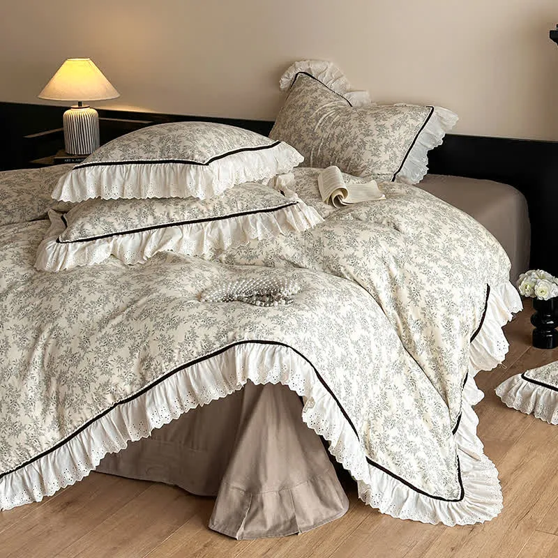 Ownkoti Elegantes Bettwäsche-Set aus Baumwollgaze und Spitze mit Blumenmuster