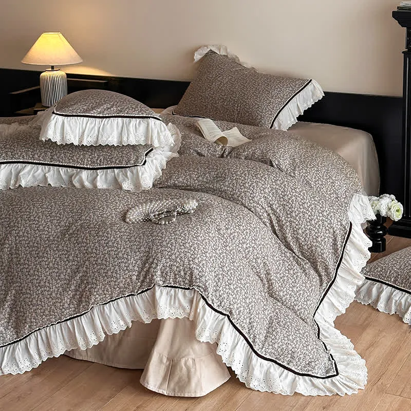 Ownkoti Elegantes Bettwäsche-Set aus Baumwollgaze und Spitze mit Blumenmuster