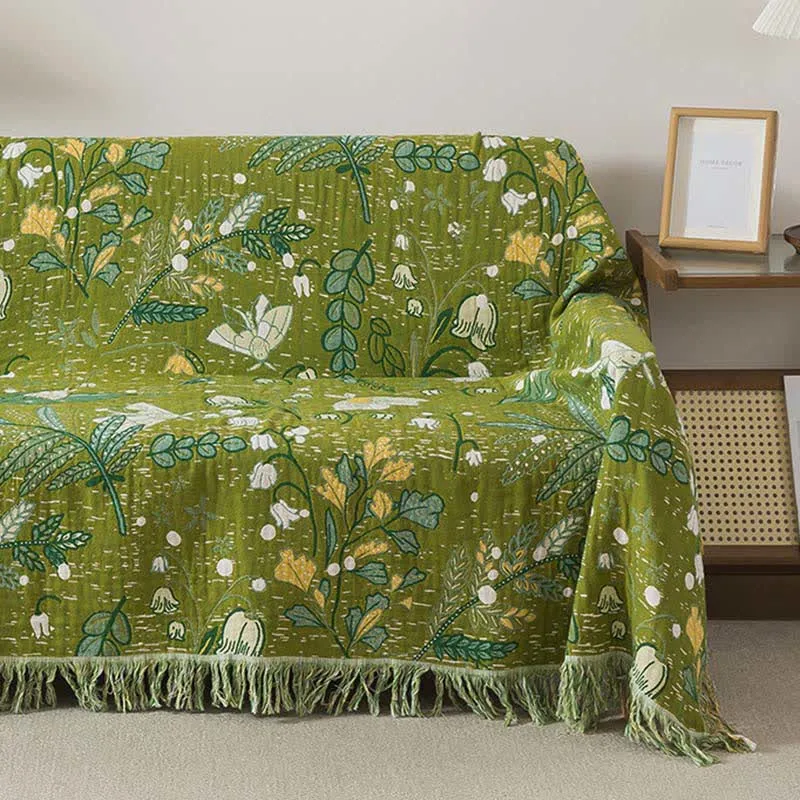 Ownkoti Sofadecke aus Baumwolle mit grünem Blattmuster, Blumenmuster und Quasten