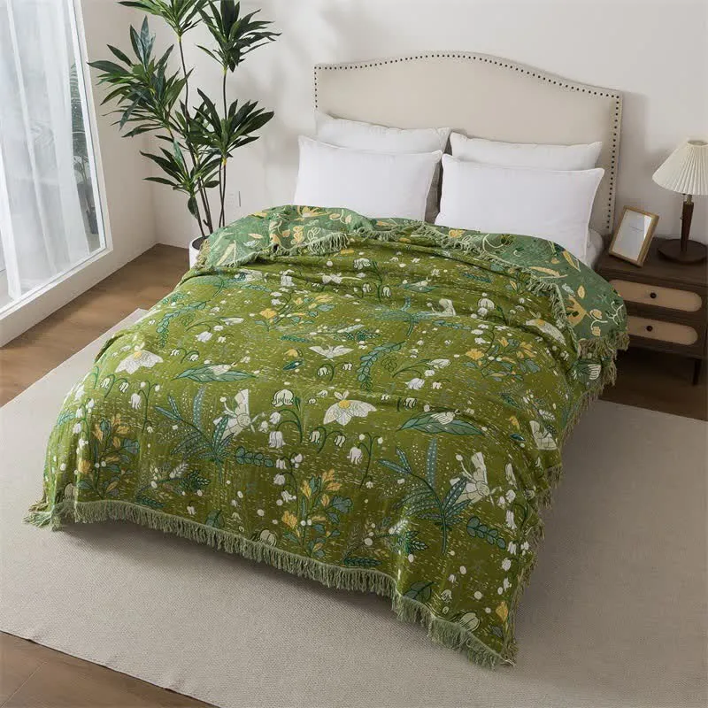 Ownkoti Sofadecke aus Baumwolle mit grünem Blattmuster, Blumenmuster und Quasten
