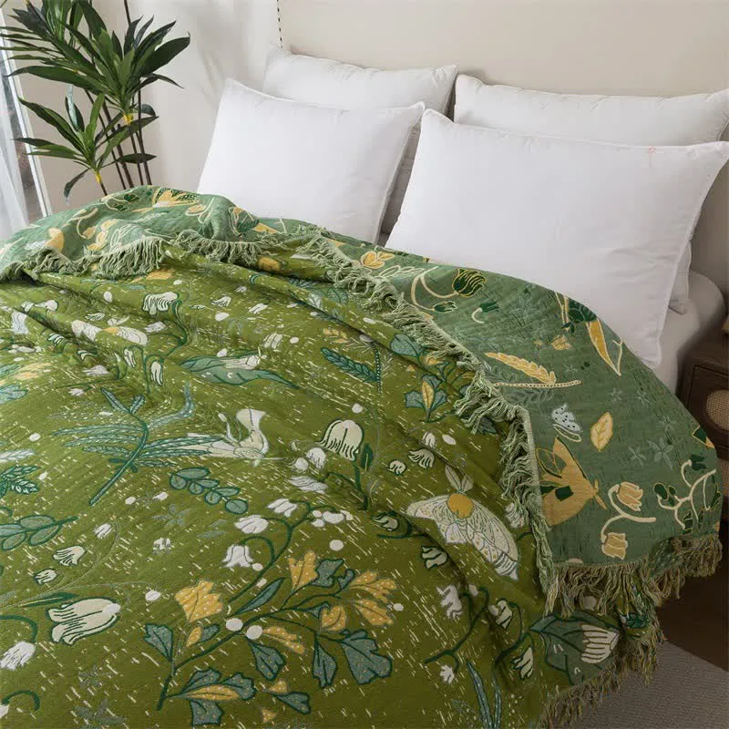 Ownkoti Sofadecke aus Baumwolle mit grünem Blattmuster, Blumenmuster und Quasten