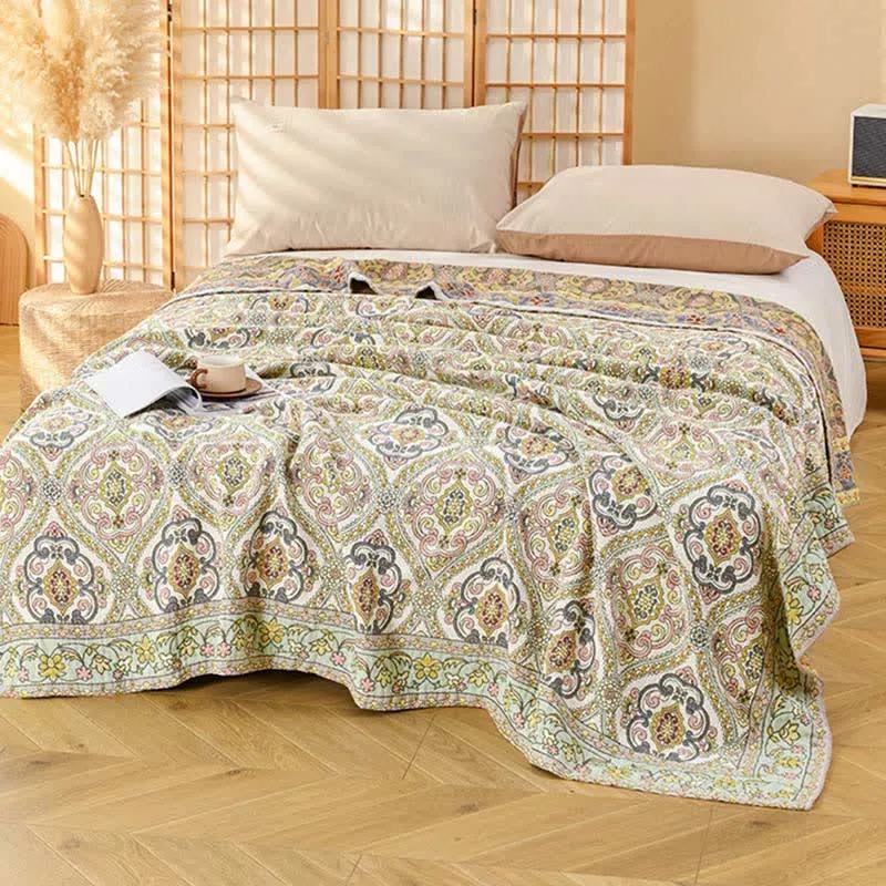 Ownkoti Elegante Vintage-Sofadecke aus Baumwollgaze mit Blumenmuster