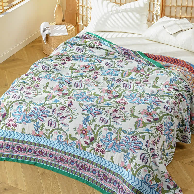 Ownkoti Sofadecke aus reiner Baumwollgaze mit Blumenmuster