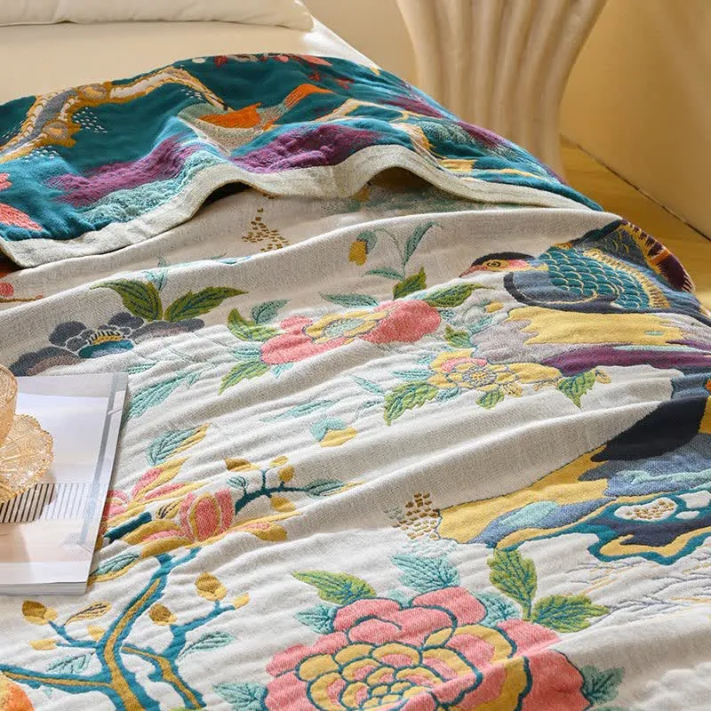 Ownkoti Luxuriöse Sofadecke aus Baumwollgaze mit Vogel- und Blumenmuster