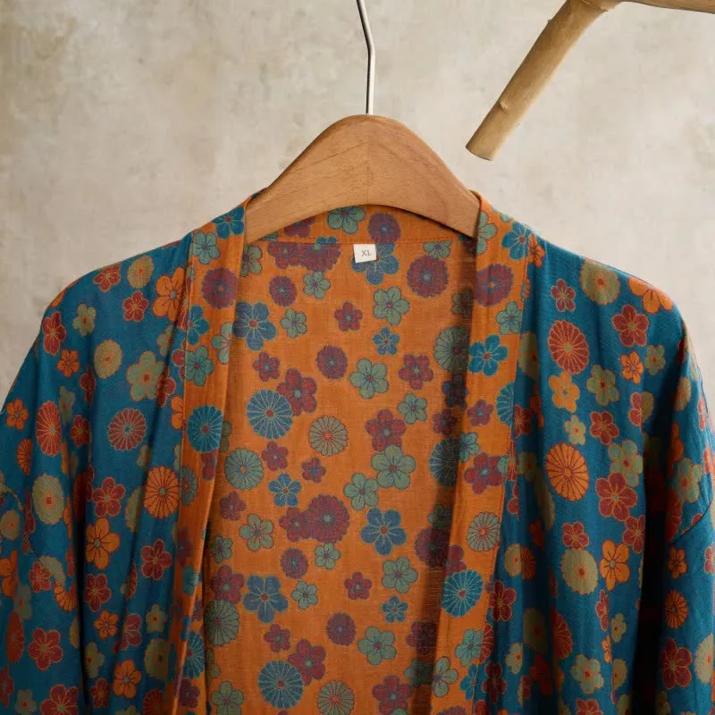 Ownkoti Vintage Kimono-Bademantel aus Baumwolle mit floralem Jacquardmuster