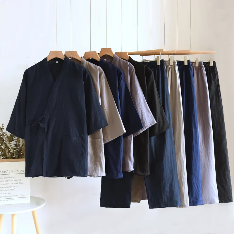 Ownkoti Unisex Kimono Loungewear-Set aus einfarbiger Baumwolle