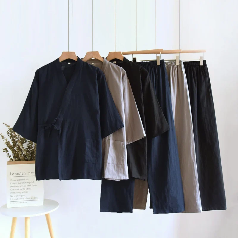Ownkoti Unisex Kimono Loungewear-Set aus einfarbiger Baumwolle