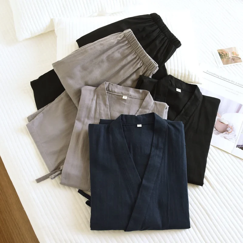 Ownkoti Unisex Kimono Loungewear-Set aus einfarbiger Baumwolle