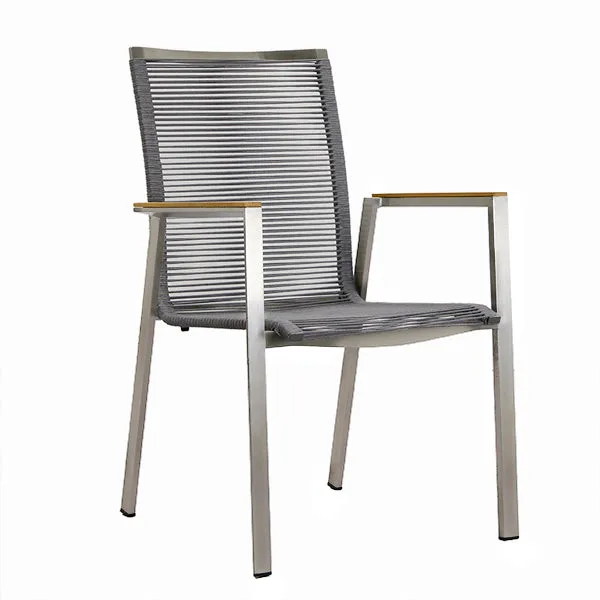 ZEO LIVING Chelsea Stapelstuhl Edelstahl Rope Grey m.Teakarmlehne