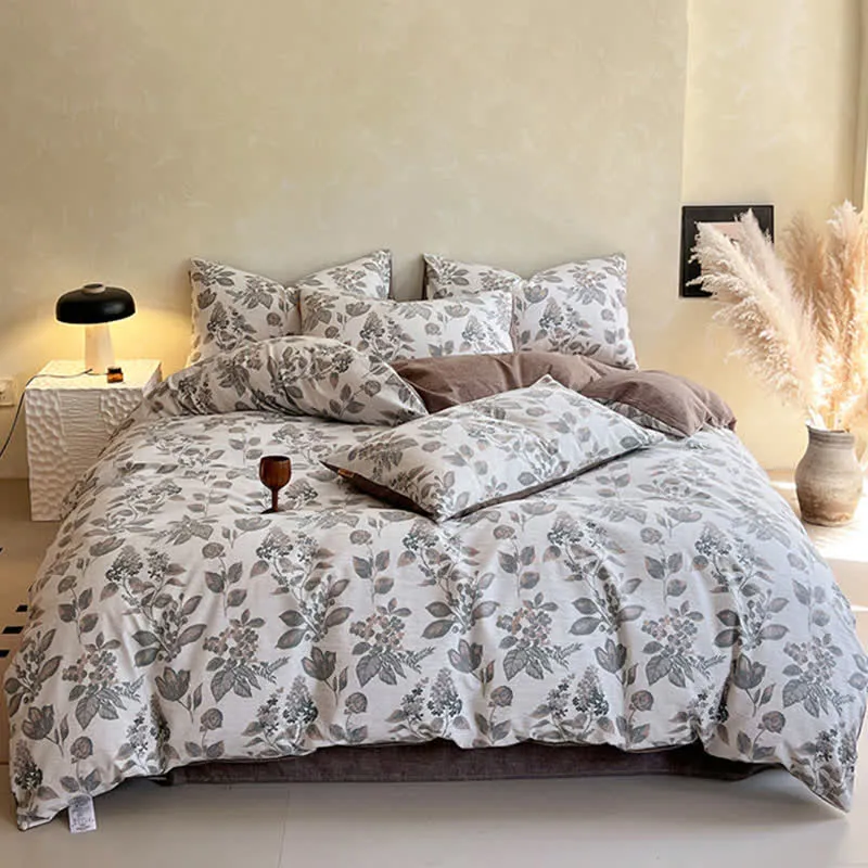 Ownkoti Bettwäsche-Set mit Vintage-Blattmuster (4-teilig)