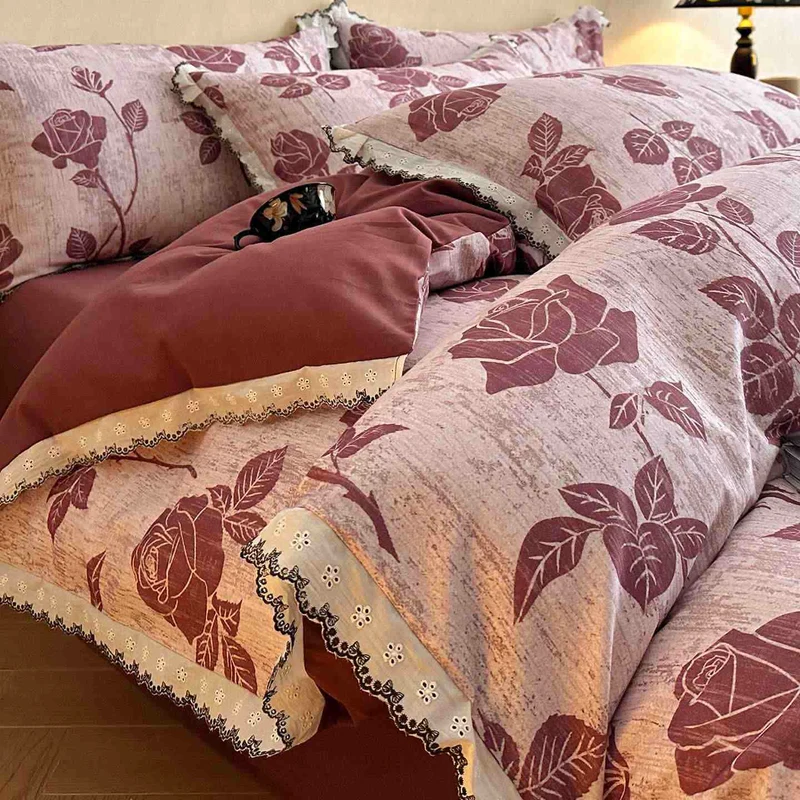 Ownkoti Bettwäsche-Set aus gebürsteter Baumwolle mit Rosenspitze