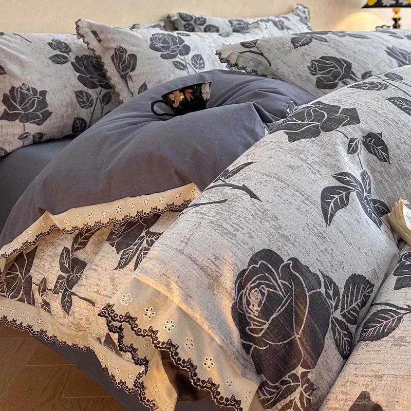 Ownkoti Bettwäsche-Set aus gebürsteter Baumwolle mit Rosenspitze