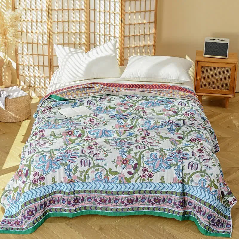 Ownkoti Steppdecke aus reiner Baumwollgaze mit Blumenmuster