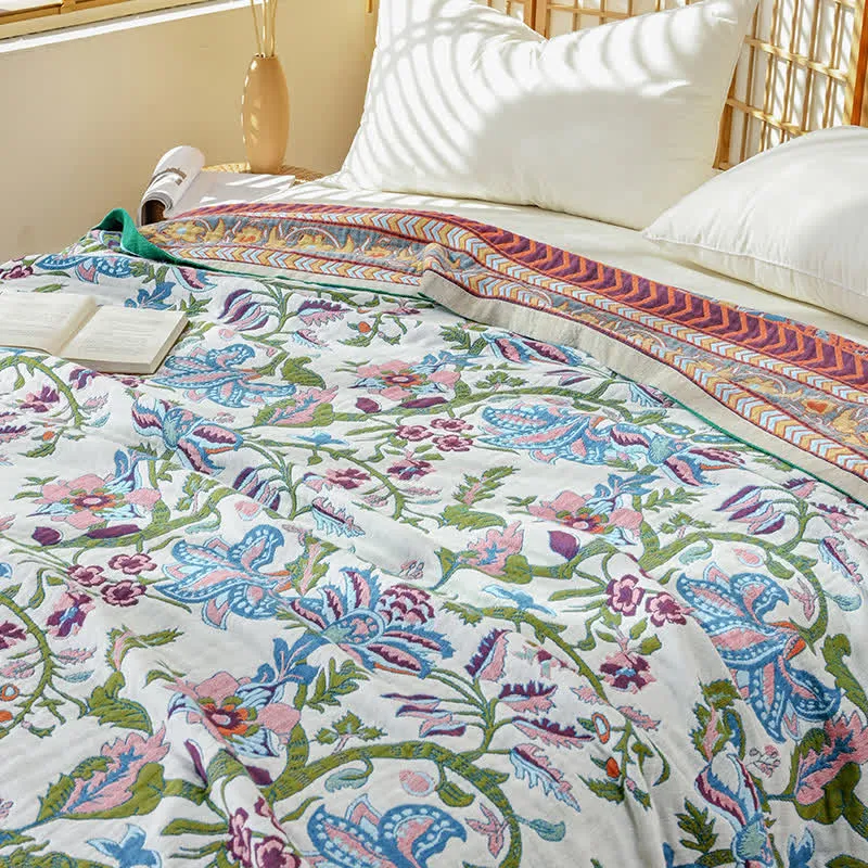 Ownkoti Steppdecke aus reiner Baumwollgaze mit Blumenmuster