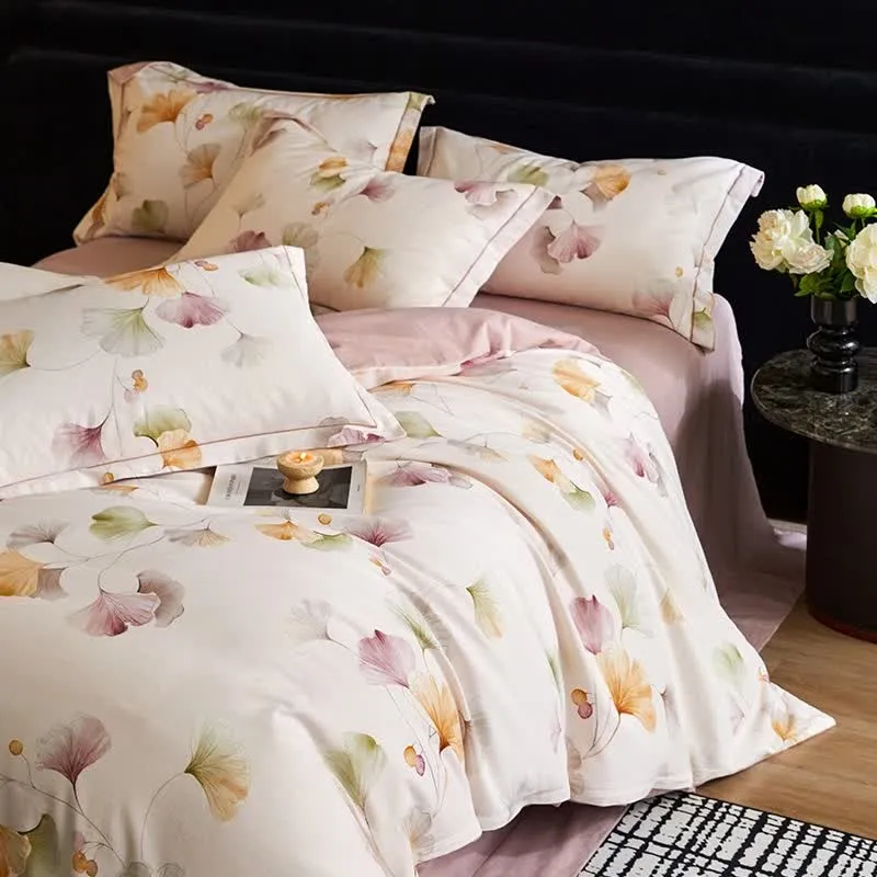 Ownkoti Elegantes Ginkgo-Bettwäscheset aus gebürsteter Baumwolle (4-teilig)