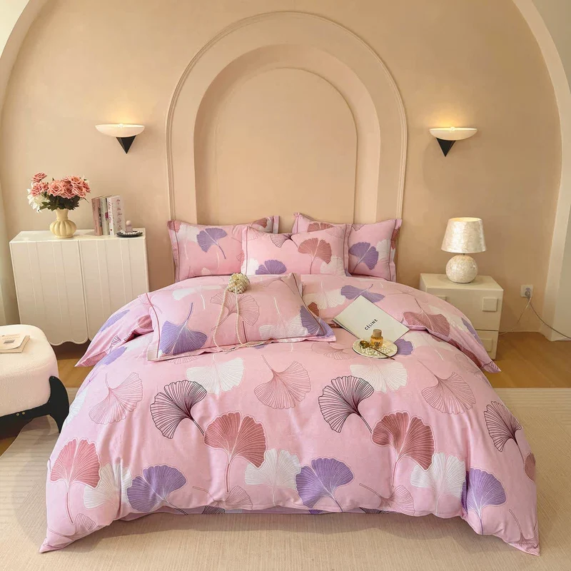 Ownkoti Bettwäsche aus gebürsteter Baumwolle mit Ginkgoblättern, Rosa
