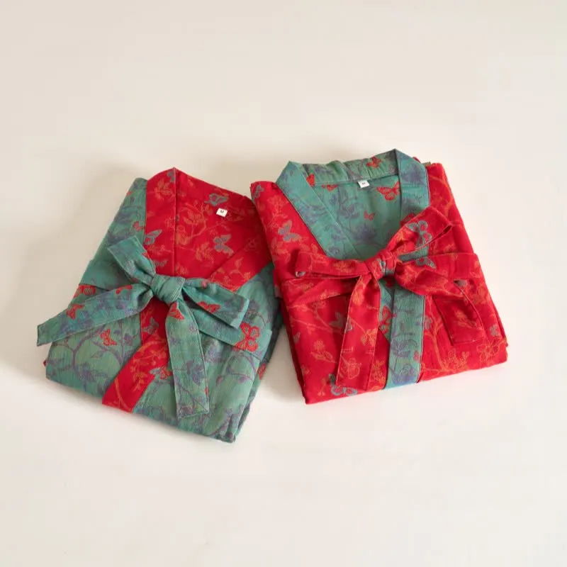 Ownkoti Kimono-Bademantel aus Baumwollgaze im Vintage-Schmetterlingsstil