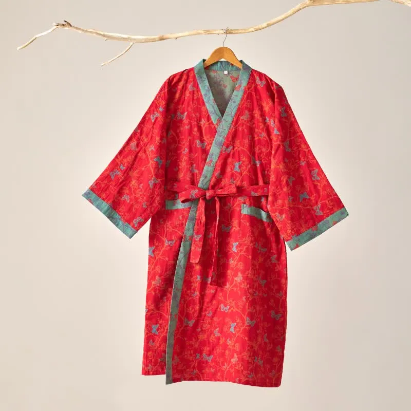 Ownkoti Kimono-Bademantel aus Baumwollgaze im Vintage-Schmetterlingsstil