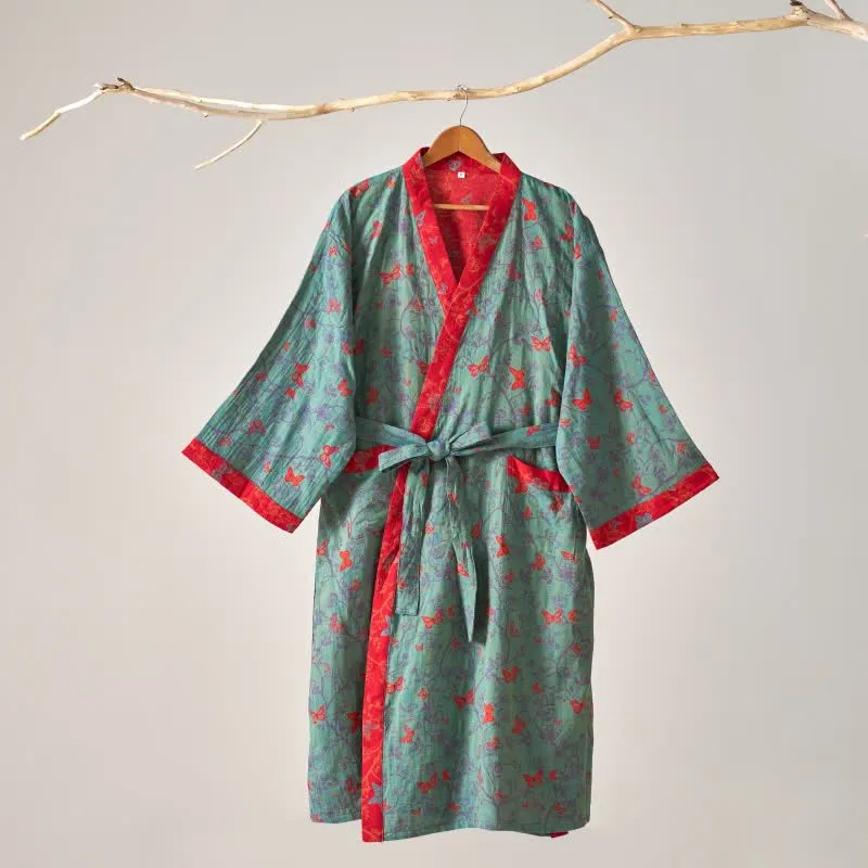 Ownkoti Kimono-Bademantel aus Baumwollgaze im Vintage-Schmetterlingsstil