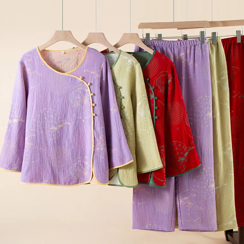 Ownkoti Oriental Retro Jacquard Baumwollgaze Loungewear