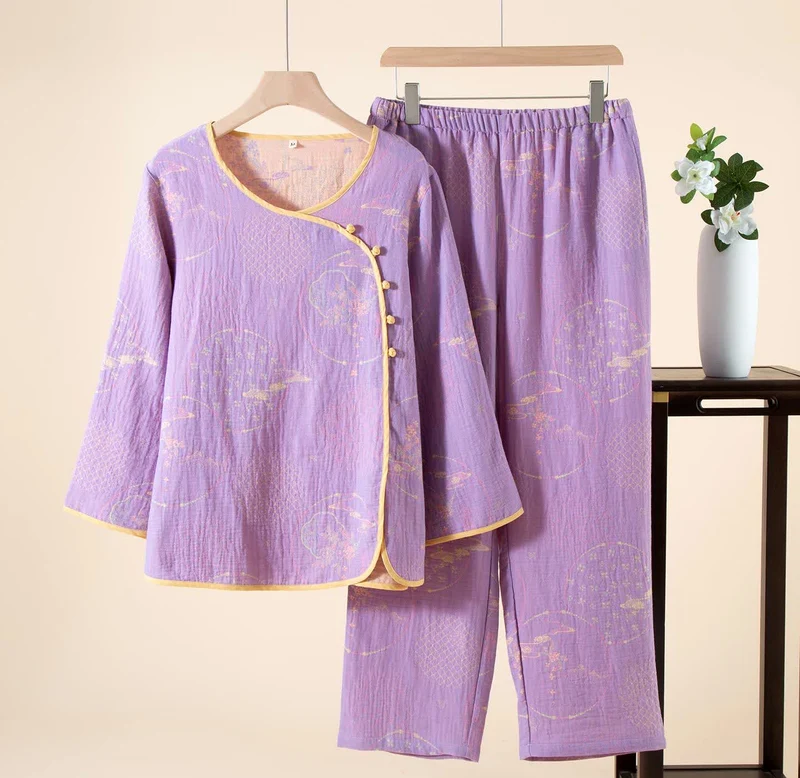 Ownkoti Oriental Retro Jacquard Baumwollgaze Loungewear