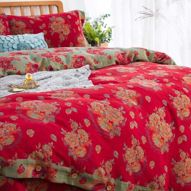 Ownkoti Luxuriöse Bettwäsche aus reiner Baumwollgaze mit Blumenmuster (4-teilig)