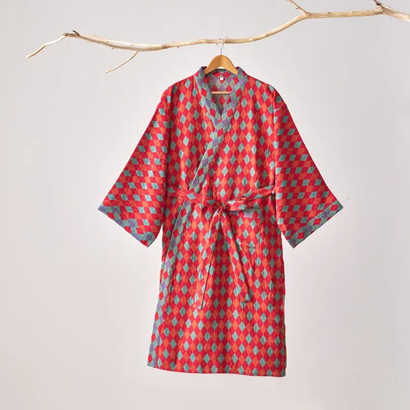 Ownkoti – Klassischer Kimono-Bademantel aus Baumwollgaze mit Rautenmuster