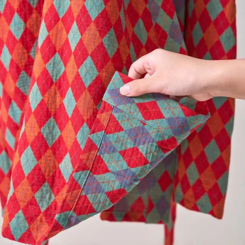 Ownkoti – Klassischer Kimono-Bademantel aus Baumwollgaze mit Rautenmuster