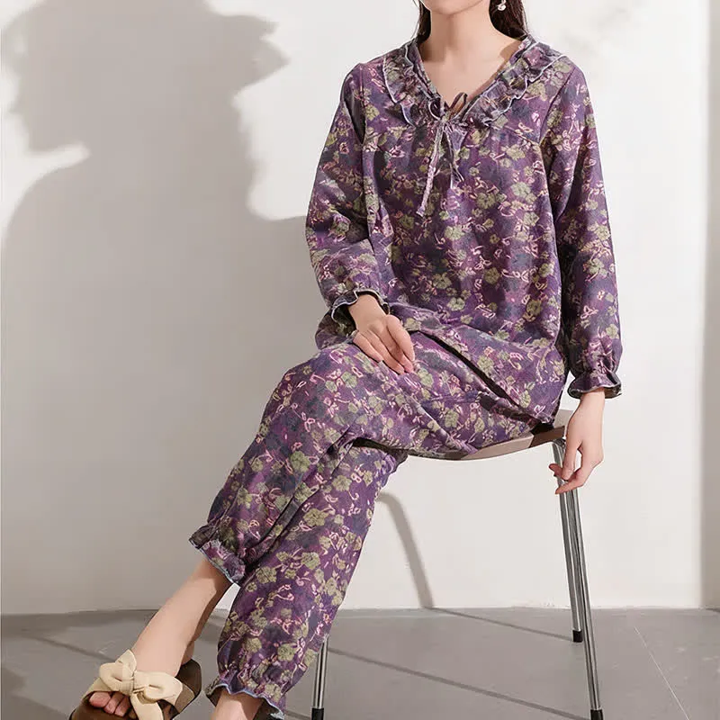 Ownkoti Pfirsichblüten-Jacquard-Rüschen-Baumwoll-Loungewear