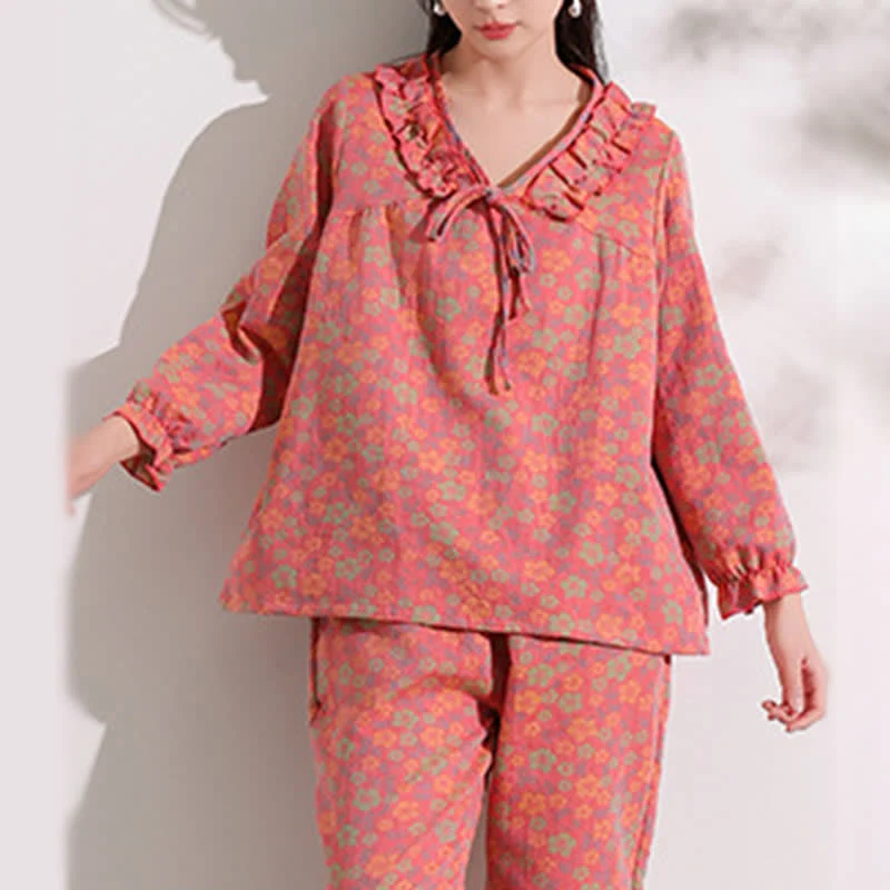 Ownkoti Loungewear aus rosafarbenem Baumwoll-Jacquard-Muster mit Rüschen und Blumenmuster