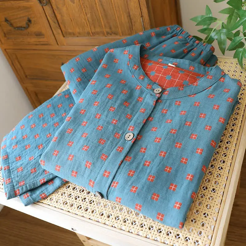 Loungewear aus kariertem Baumwollgaze mit langen Ärmeln