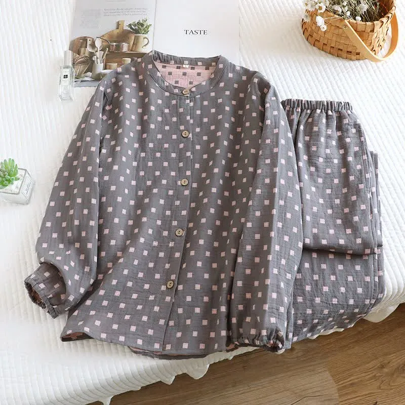 Loungewear aus kariertem Baumwollgaze mit langen Ärmeln